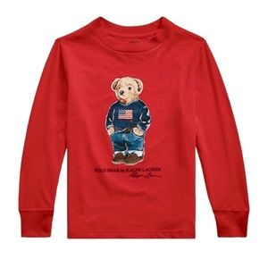 Ralph Lauren Boy American Flag Polo Bear T-Shirt Red Long Sleeve Kids Size 3/3T